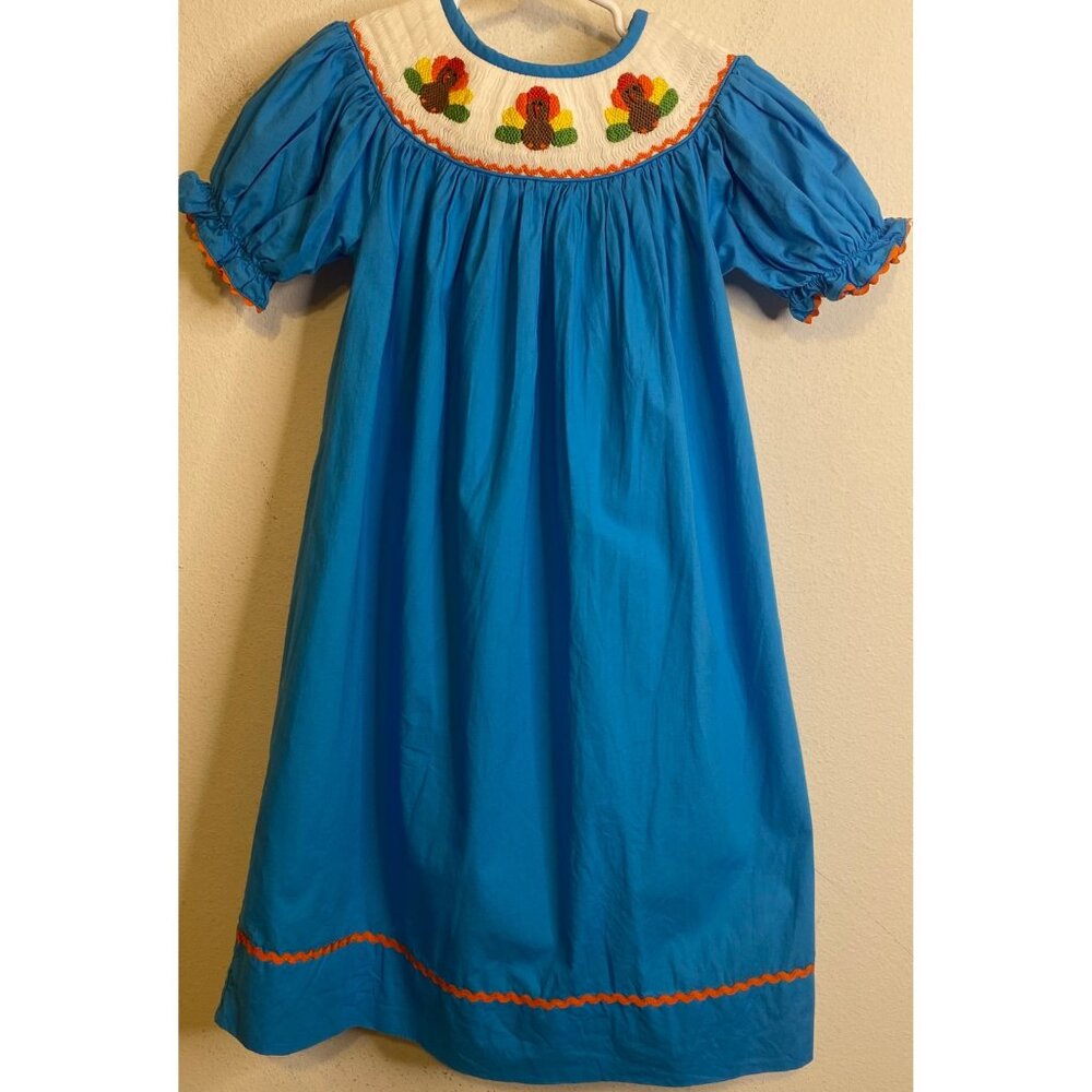 Smocked or Not Embroidered Turkey Thanksgiving Dress Short Sleeve Girl Size 4